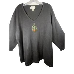 Vintage Y2K Sequined Embroidered Christmas Tree Sweater CJ Banks Black 3XL